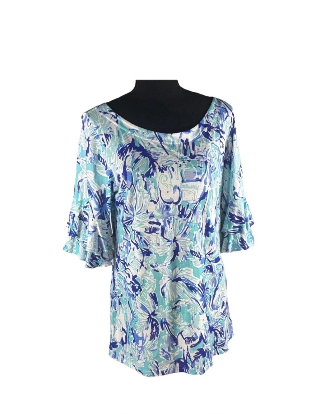 Lilly Pulitzer Lula Ruffle Sleeve Top Blue Turquoise Elephant Appeal Knit Blouse